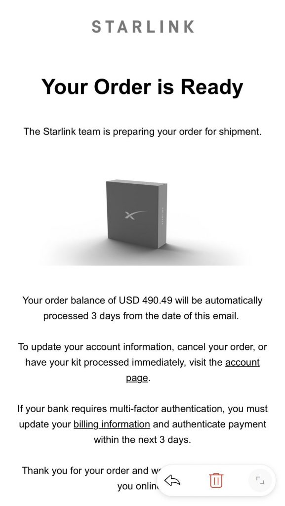 starlink order confirmation